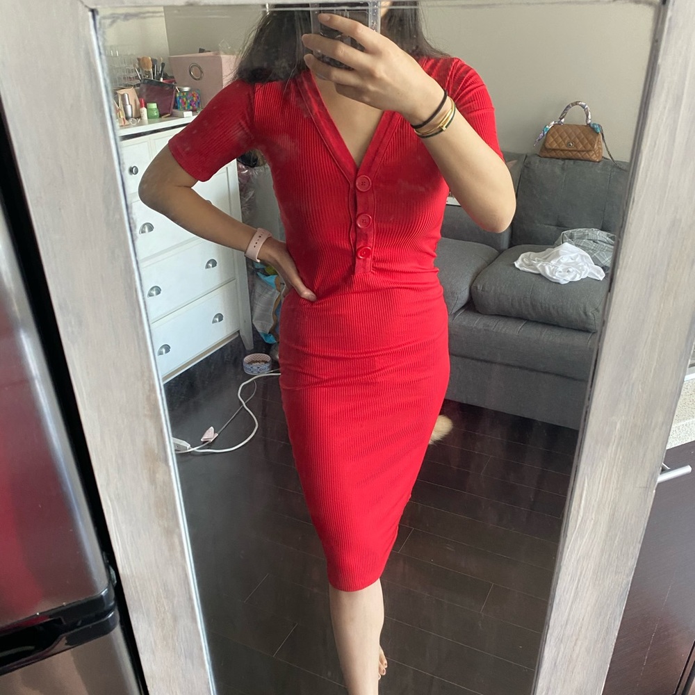 Zara red ribbed midi fitted dress